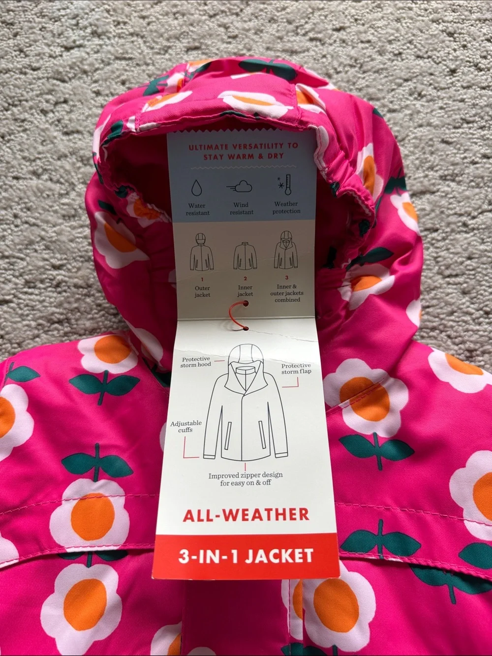 Cat & Jack 3-in-1 Snowplay Jacket All-Weather Coat Pink Floral Toddler Girl 18M
